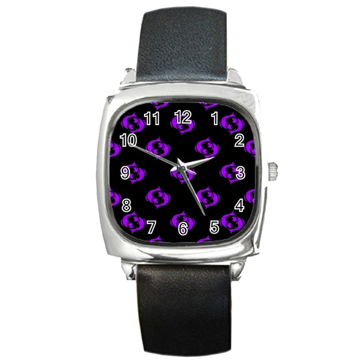 Purple Pisces On Black Background Square Metal Watch