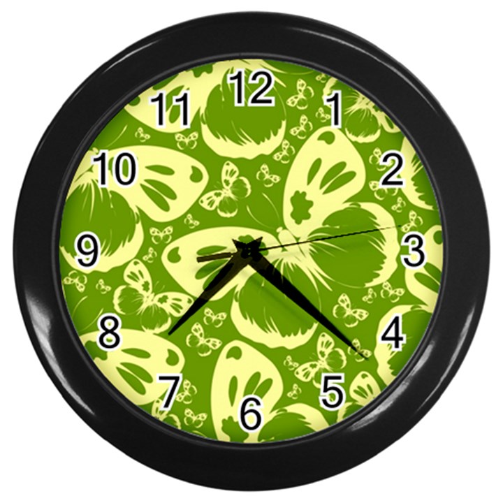 Pale Green Butterflies Pattern Wall Clocks (Black)