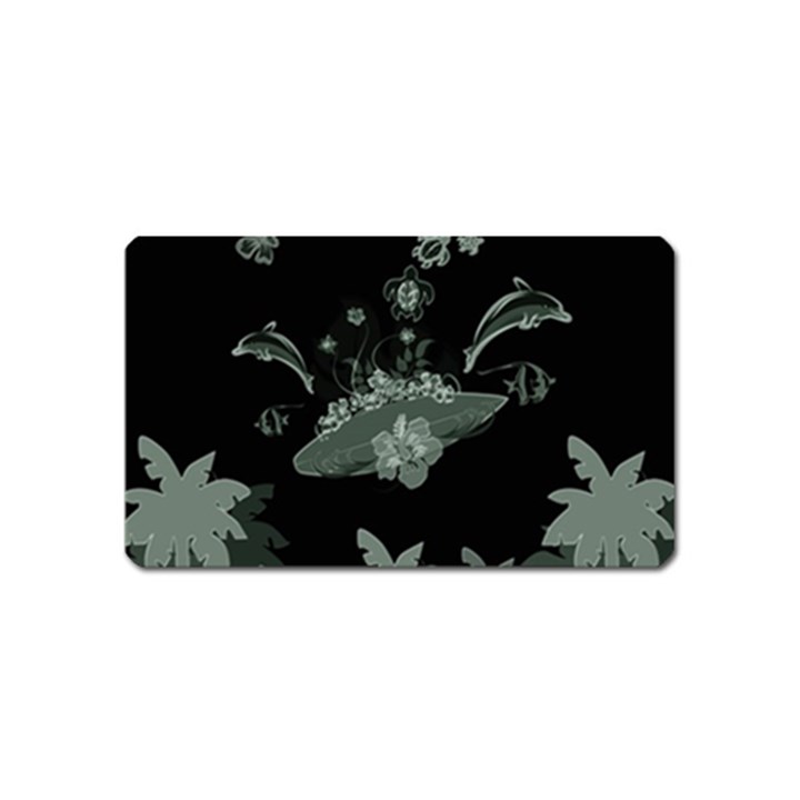 Surfboard With Dolphin, Flowers, Palm And Turtle Magnet (Name Card)