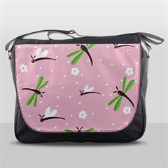 Dragonfly And White Flowers Pattern Messenger Bags by Bigfootshirtshop