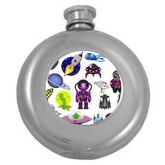 Space Clip Art Aliens Space Craft Round Hip Flask (5 Oz) by Celenk