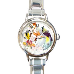 Exotic Birds Of Paradise And Flowers Watercolor Round Italian Charm Watch by TKKdesignsCo