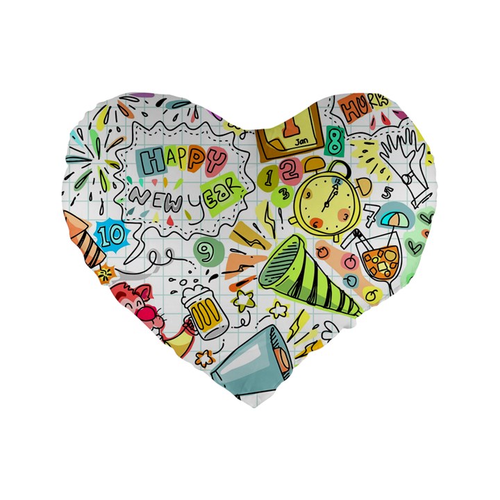 Doodle New Year Party Celebration Standard 16  Premium Heart Shape Cushions