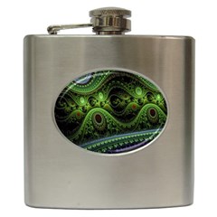 Fractal Green Gears Fantasy Hip Flask (6 Oz) by Celenk