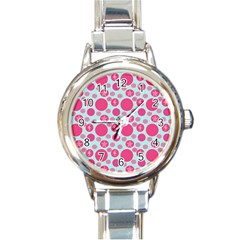 Blue Retro Dots Round Italian Charm Watch by snowwhitegirl