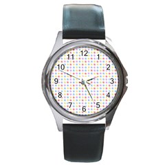 Blue Pink Yellow Eggs On White Round Metal Watch by snowwhitegirl