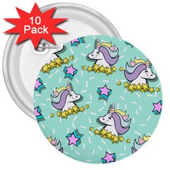 Magical Happy Unicorn And Stars 3  Buttons (10 Pack)  by Bigfootshirtshop