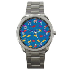 Fish Blue Background Pattern Texture Sport Metal Watch by Nexatart