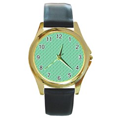 Pink Flowers Green Round Gold Metal Watch by snowwhitegirl