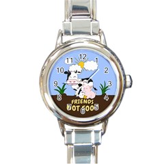 Friends Not Food - Cute Cow, Pig And Chicken Round Italian Charm Watch by Valentinaart