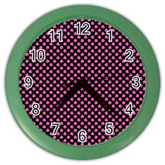 Small Hot Pink Irish Shamrock Clover On Black Color Wall Clocks by PodArtist