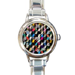 Abstract Multicolor Cubes 3d Quilt Fabric Round Italian Charm Watch by Sapixe