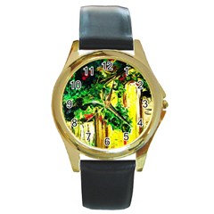 Old Tree And House With An Arch 2 Round Gold Metal Watch by bestdesignintheworld