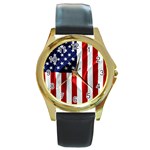 American Usa Flag Vertical Round Gold Metal Watch Front