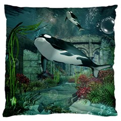 Wonderful Orca In Deep Underwater World Large Cushion Case (one Side) by FantasyWorld7