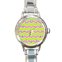 Zigzag Chevron Pattern Green Pink Round Italian Charm Watch by snowwhitegirl