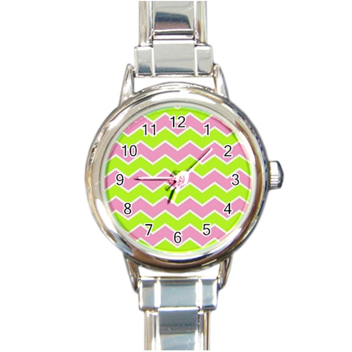 Zigzag Chevron Pattern Green Pink Round Italian Charm Watch