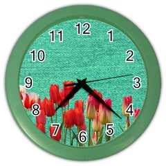 Green Denim Flowers Color Wall Clock by snowwhitegirl