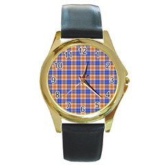 Orange Blue Plaid Round Gold Metal Watch by snowwhitegirl