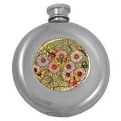 Flower And Butterfly Round Hip Flask (5 Oz) by vintage2030