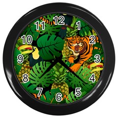 Tropical Pelican Tiger Jungle Black Wall Clock (black) by snowwhitegirl