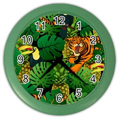 Tropical Pelican Tiger Jungle Black Color Wall Clock by snowwhitegirl