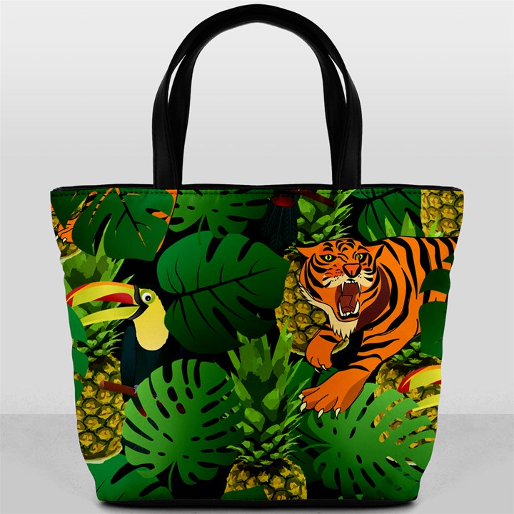 Tropical Pelican Tiger Jungle Black Bucket Bag