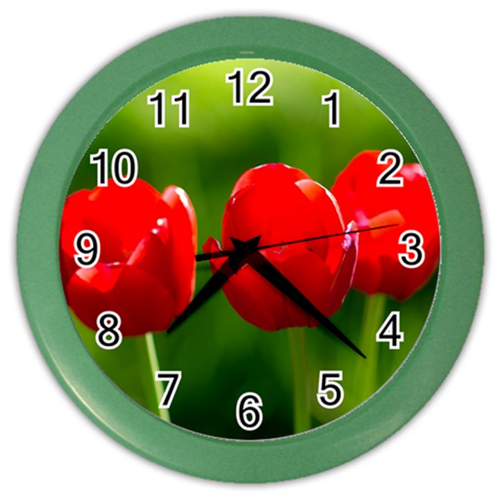 Three Red Tulips, Green Background Color Wall Clock