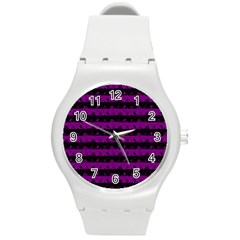 Zombie Purple And Black Halloween Nightmare Stripes  Round Plastic Sport Watch (m) by PodArtist