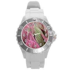 Pink Leaves Round Plastic Sport Watch (l) by snowwhitegirl