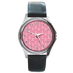 Pink Ribbon - Breast Cancer Awareness Month Round Metal Watch by Valentinaart