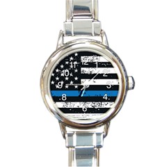 Usa Flag The Thin Blue Line I Back The Blue Usa Flag Grunge On Black Background Round Italian Charm Watch by snek