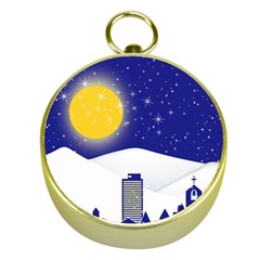 Night Christmas Background Moon Snow Gold Compasses by Wegoenart