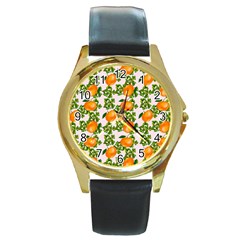 Citrus Tropical Orange Pink Round Gold Metal Watch by snowwhitegirl