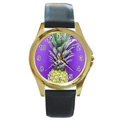 Pineapple Purple Round Gold Metal Watch by snowwhitegirl