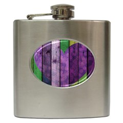 Wood Wall Heart Purple Green Hip Flask (6 Oz) by snowwhitegirl