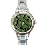 Tropical Leaves On Black Round Italian Charm Watch Front