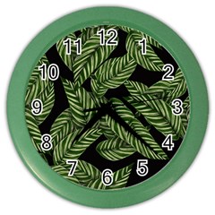 Tropical Leaves On Black Color Wall Clock by snowwhitegirl