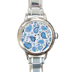 Retro Paisley Blue Round Italian Charm Watch by snowwhitegirl