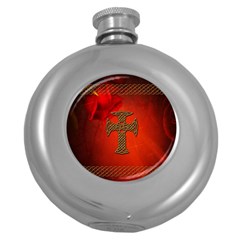 Wonderful Celtic Cross On Vintage Background Round Hip Flask (5 Oz) by FantasyWorld7