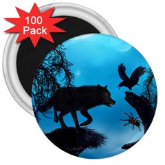 Awesome Black Wolf With Crow And Spider 3  Magnets (100 Pack) by FantasyWorld7