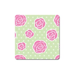 Roses Flowers Pink And Pastel Lime Green Pattern With Retro Dots Square Magnet by genx