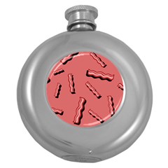 Funny Bacon Slices Pattern Infidel Vintage Red Meat Background  Round Hip Flask (5 Oz) by genx