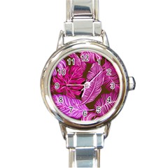 Tropical Pink Leaves Round Italian Charm Watch by snowwhitegirl