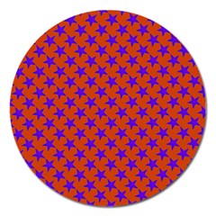 Purple Stars Pattern On Orange Magnet 5  (round) by BrightVibesDesign