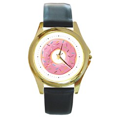 Pink Donut With Rainbow Candies Round Gold Metal Watch by genx