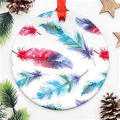 Feathers Boho Style Purple Red And Blue Watercolor Round Ornament (two Sides) by genx