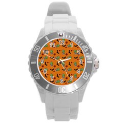 Halloween Witch Pattern Orange Round Plastic Sport Watch (l) by snowwhitegirl