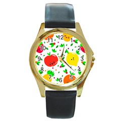 Pattern Fruits Orange Green Round Gold Metal Watch by HermanTelo