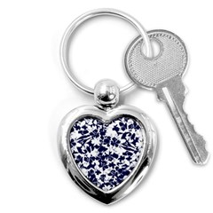 Navy & White Floral Design Key Chain (heart) by WensdaiAmbrose